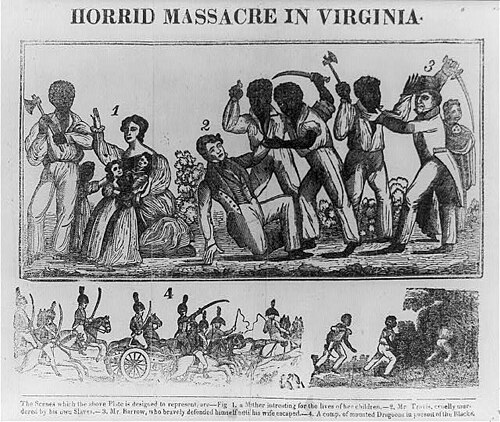 Woodcut illustration depicting the capture of Nat Turner, 1831