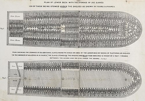 Diagram of the British slave ship Brookes, 1788, showing the arrangement of enslaved Africans packed into the ship